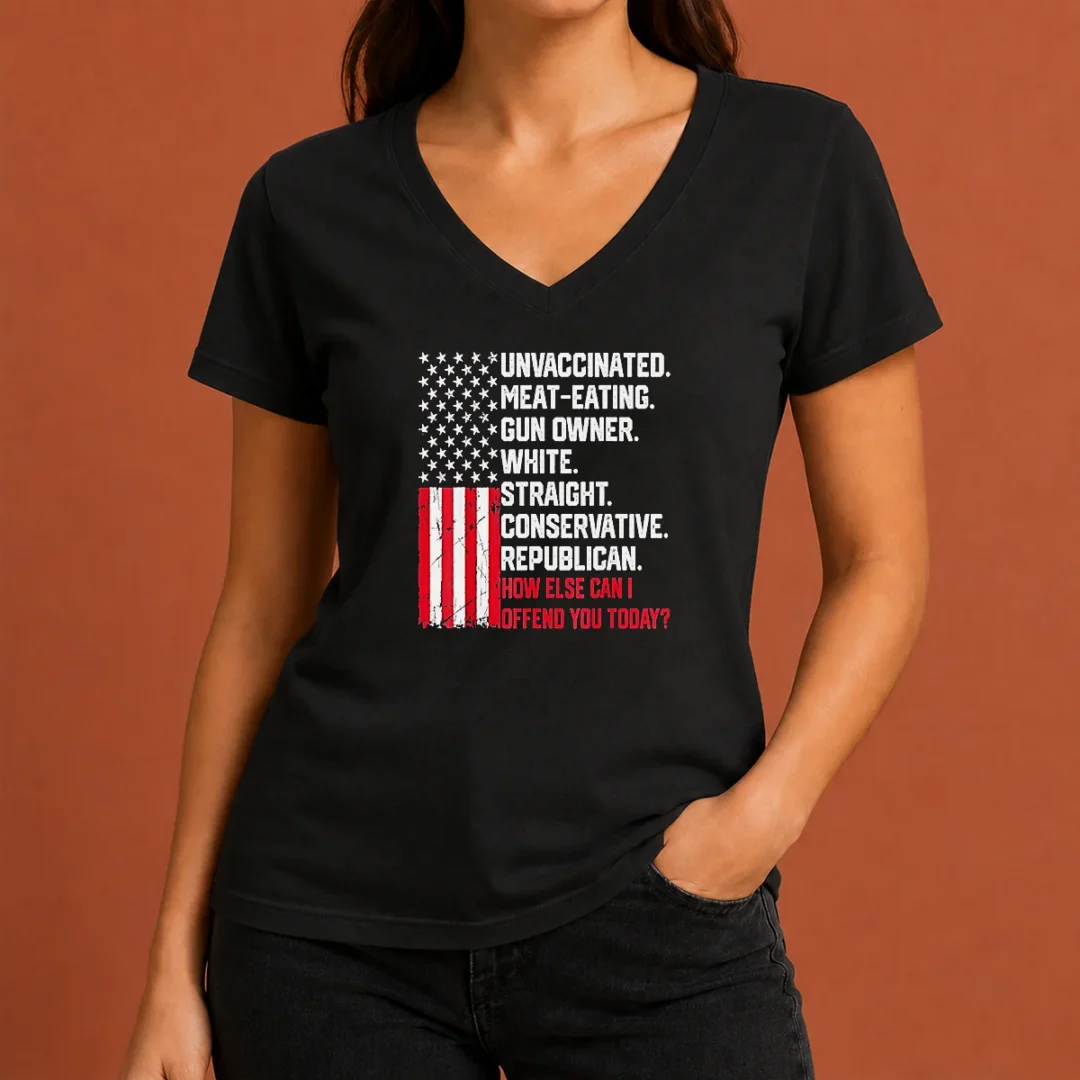 top-hot-unvaccinated-meat-eating-gun-owner-white-straight-conservative-republican-v-neck-shirt Top Hot Unvaccinated Meat Eating Gun Owner White Straight Conservative Republican V-Neck Shirt