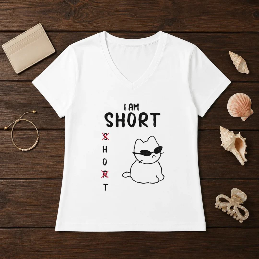 top-i-am-short-h-and-t-with-cool-cat-v-neck-shirt Top I Am Short H And T With Cool Cat V-Neck Shirt