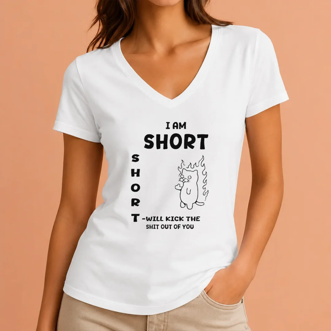 top-i-am-short-short-will-kick-the-shit-out-of-you-cat-flames-funny-sarcasm-v-neck-shirt Top I Am Short Short Will Kick The Shit Out Of You Cat Flames Funny Sarcasm V Neck Shirt in black with bold colorful flame graphic