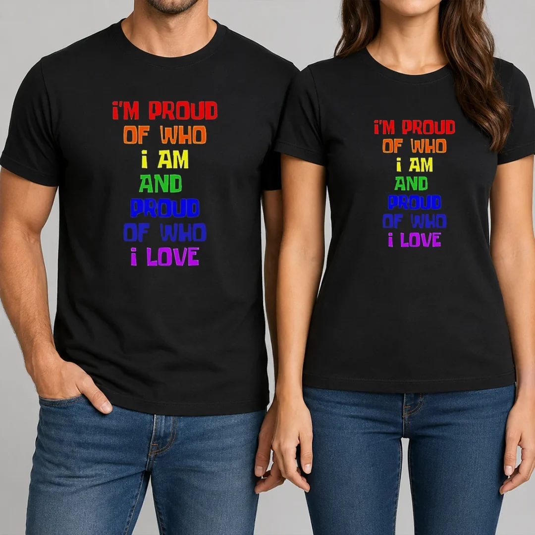 top-i-m-proud-of-who-i-am-and-proud-of-who-i-love-t-shirt Top I'M Proud Of WHO I Am And Proud Of WHO I Love t shirt in classic fit with bold text print