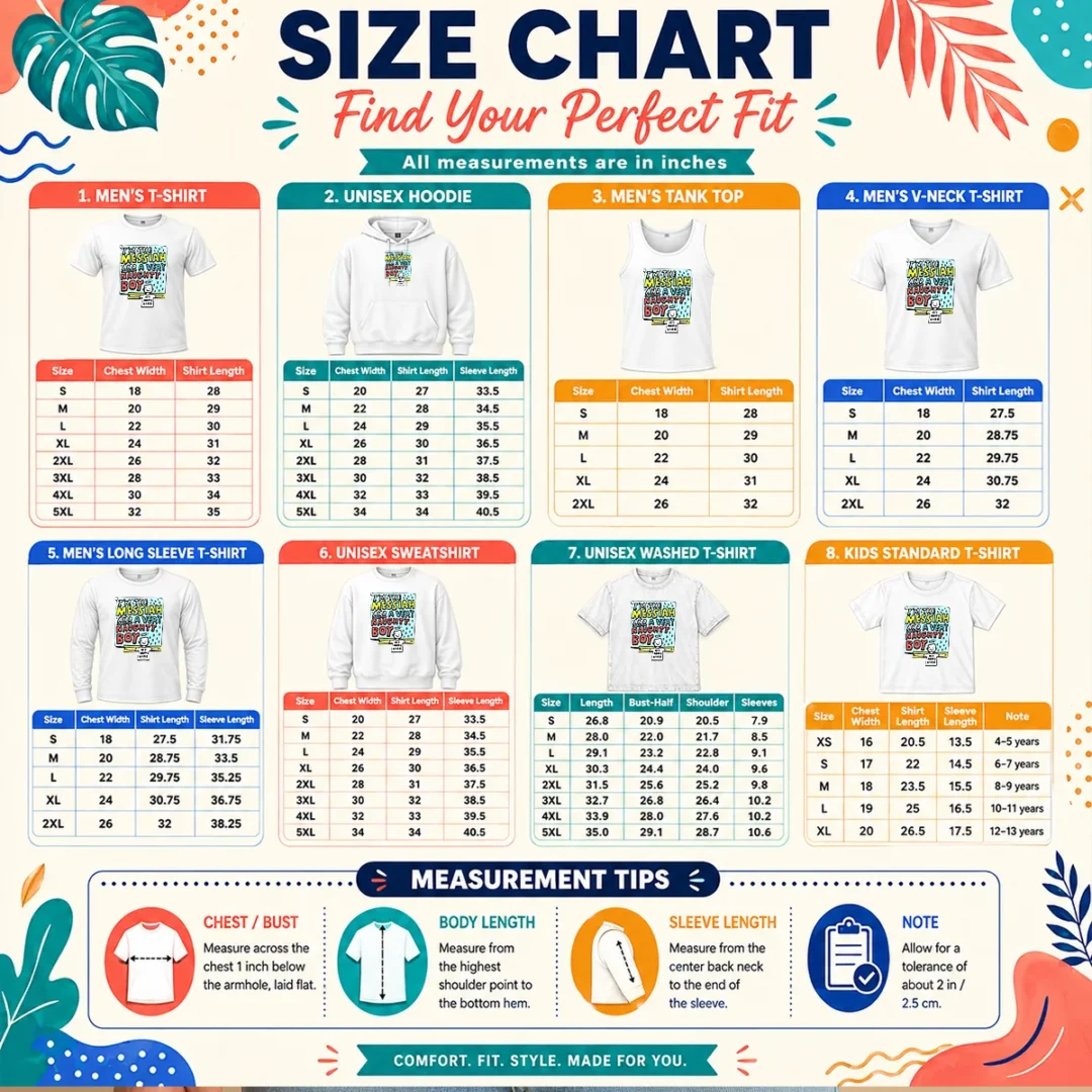 top-i-m-the-messiah-and-a-very-naughty-boy-size-chart Size chart for Top I'M The Messiah And A Very Naughty Boy showing measurements in inches and cm