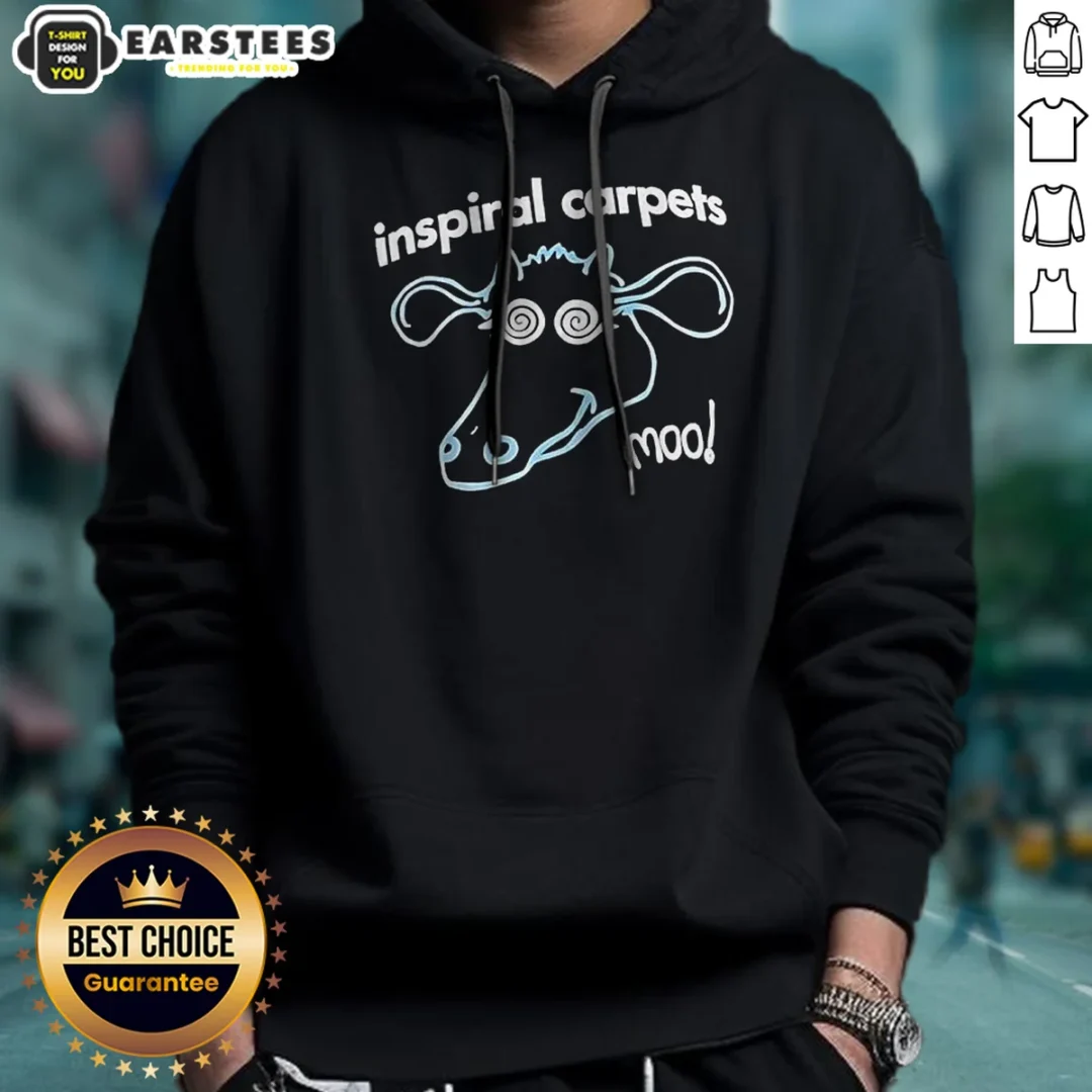 top-inspiral-carpets-moo-madchester-indie-rock-hoodie Top Inspiral Carpets Moo Madchester Indie Rock Hoodie in black with front graphic print and adjustable drawstring hood