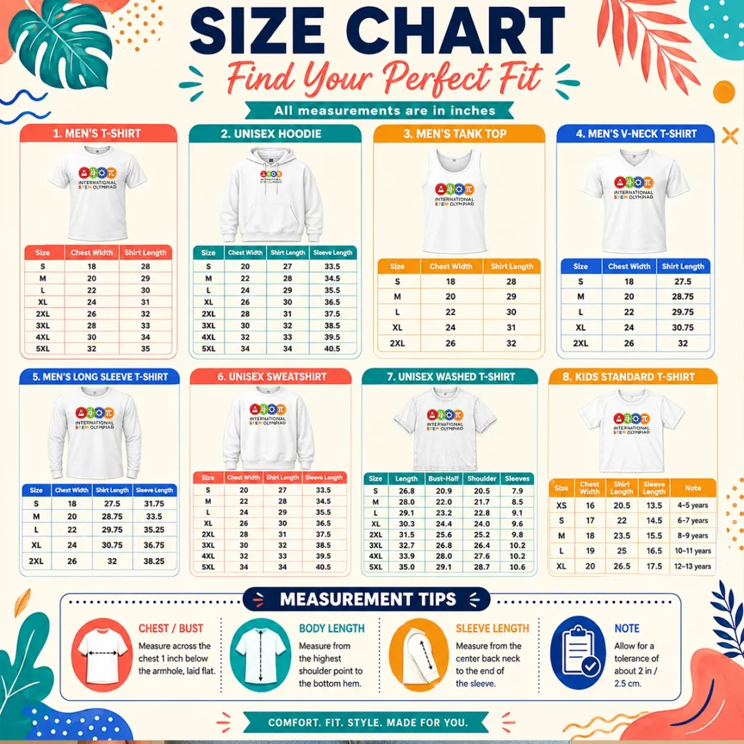 top-international-stem-olympiad-size-chart Size chart for Top International STEM Olympiad with measurements in inches and cm for accurate sizing