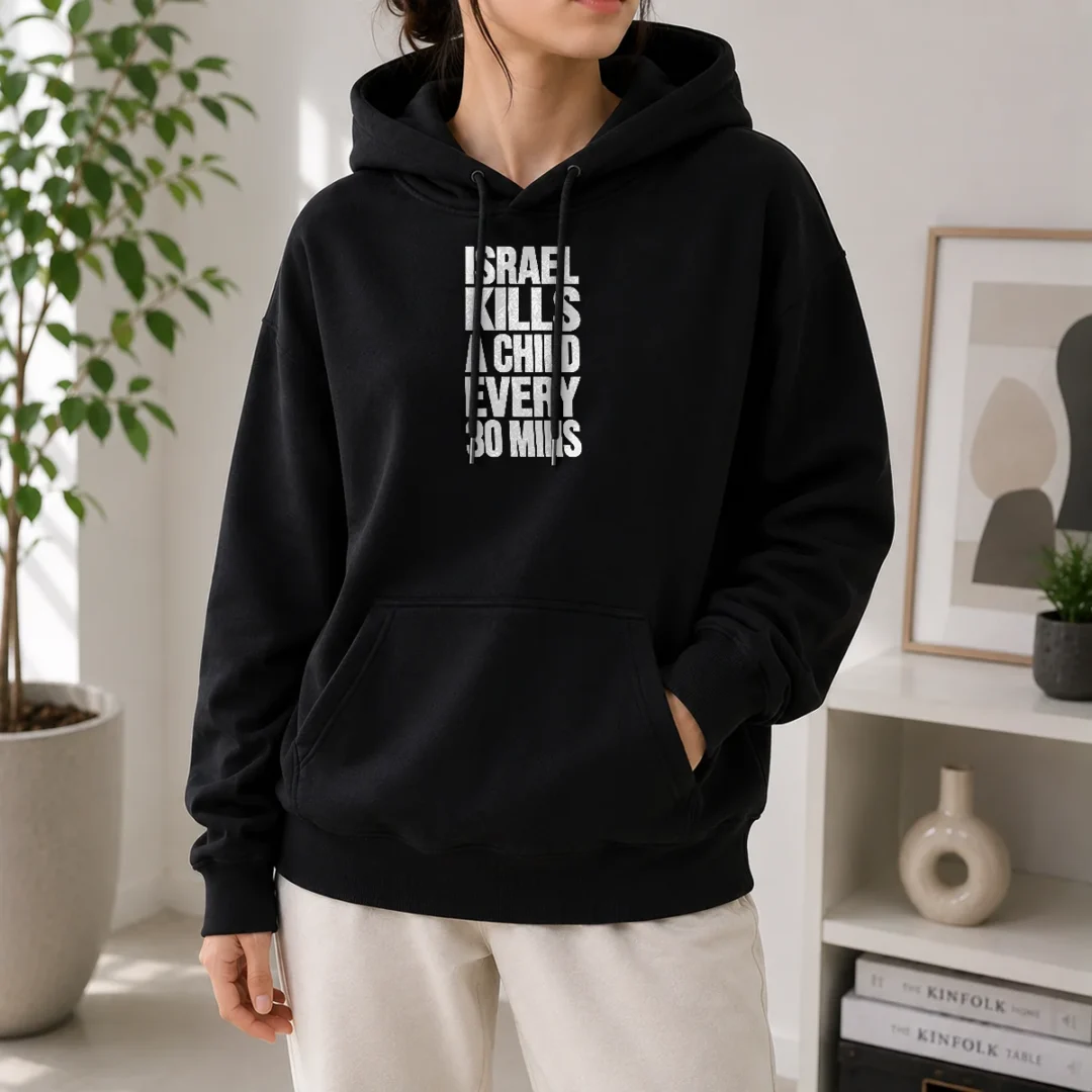 top-israel-kills-a-child-every-30-mins-human-rights-hoodie Top Israel Kills A Child Every 30 Mins Human Rights Hoodie in black, featuring bold white text on front