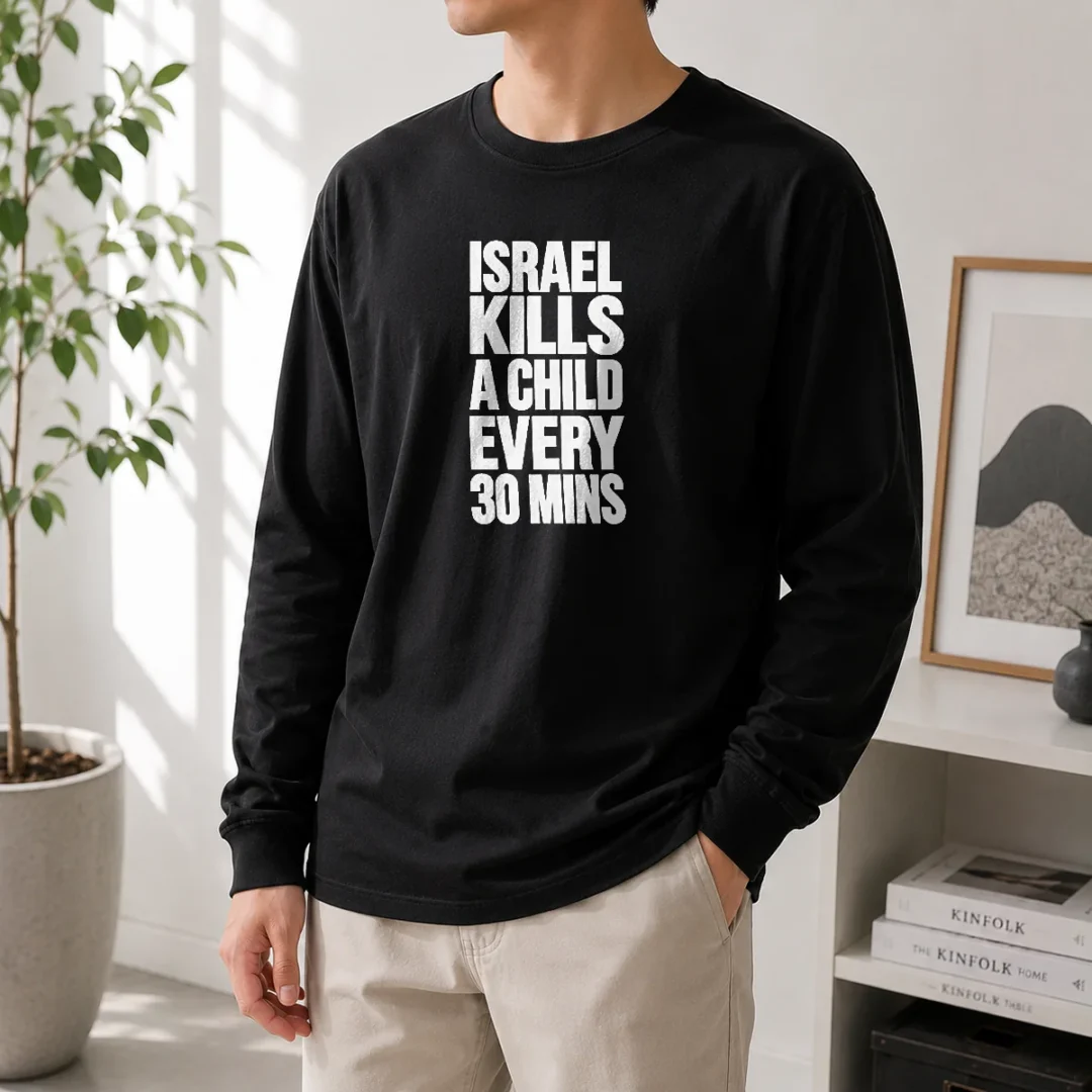 top-israel-kills-a-child-every-30-mins-human-rights-long-sleeve-shirt Top Israel Kills A Child Every 30 Mins Human Rights long sleeve shirt in black, showing front graphic design