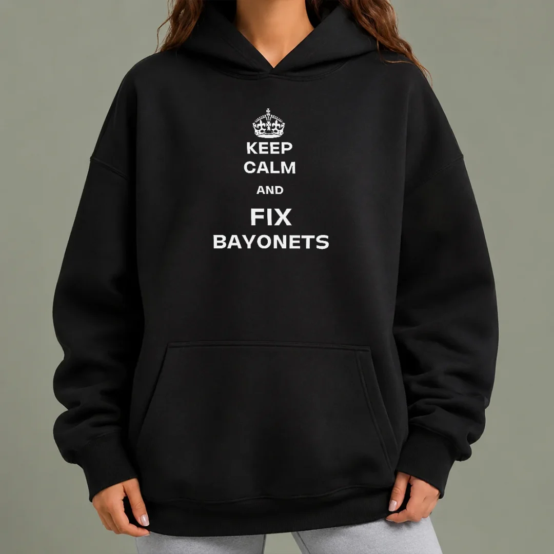 top-keep-calm-and-fix-bayonets-slogan-military-hoodie Top Keep Calm And Fix Bayonets Slogan Military Hoodie in dark green with bold white text on front