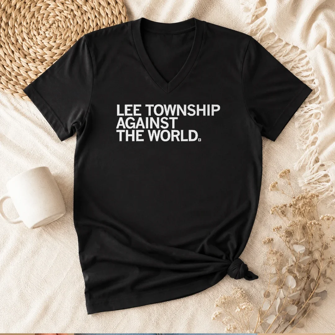 top-lee-township-against-the-world-local-community-v-neck-shirt Top Lee Township Against The World Local Community V Neck Shirt in dark color showing front view with short sleeves