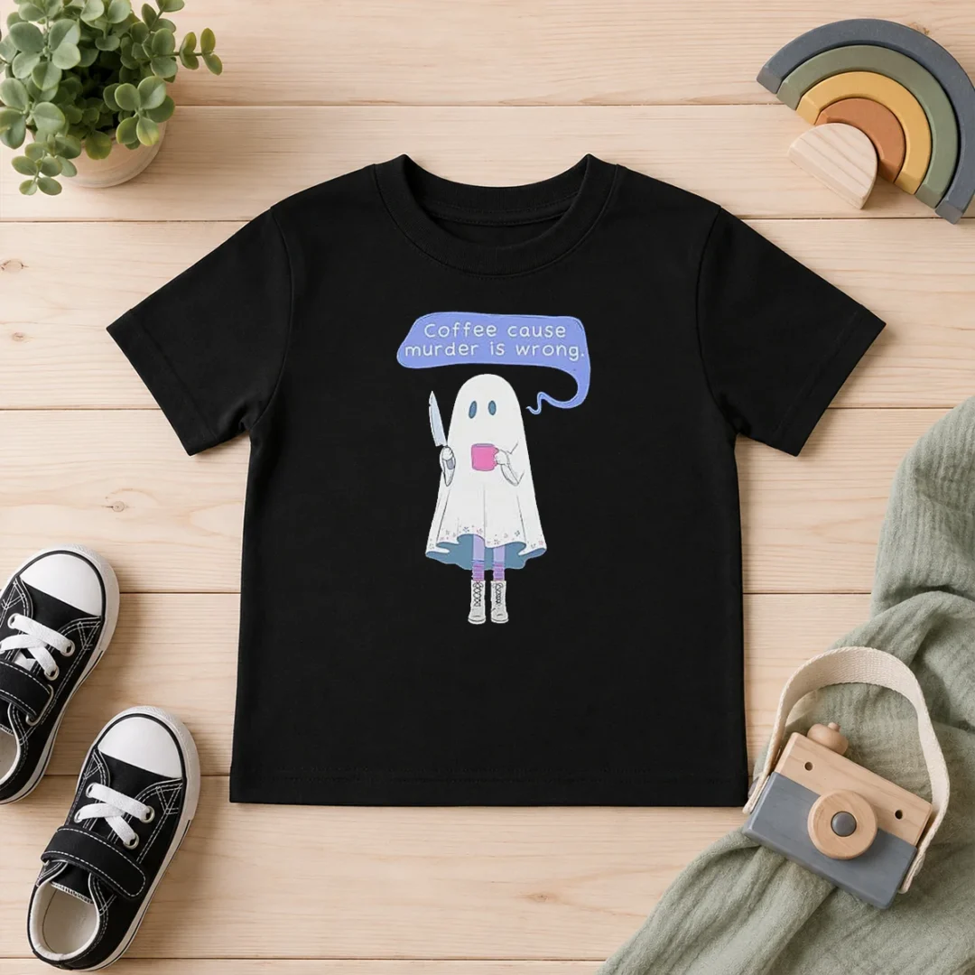 top-nice-ghost-holding-coffee-cause-murder-is-wrong-kids-t-shirt Top Nice Ghost Holding Coffee Cause Murder Is Wrong Kids T-Shirt