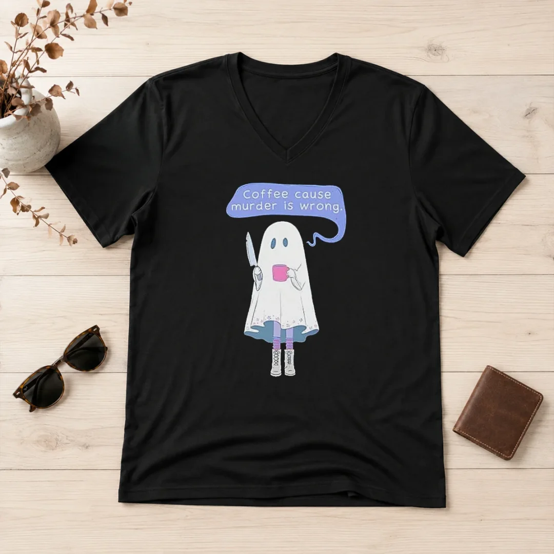 top-nice-ghost-holding-coffee-cause-murder-is-wrong-v-neck-shirt Top Nice Ghost Holding Coffee Cause Murder Is Wrong V-Neck Shirt