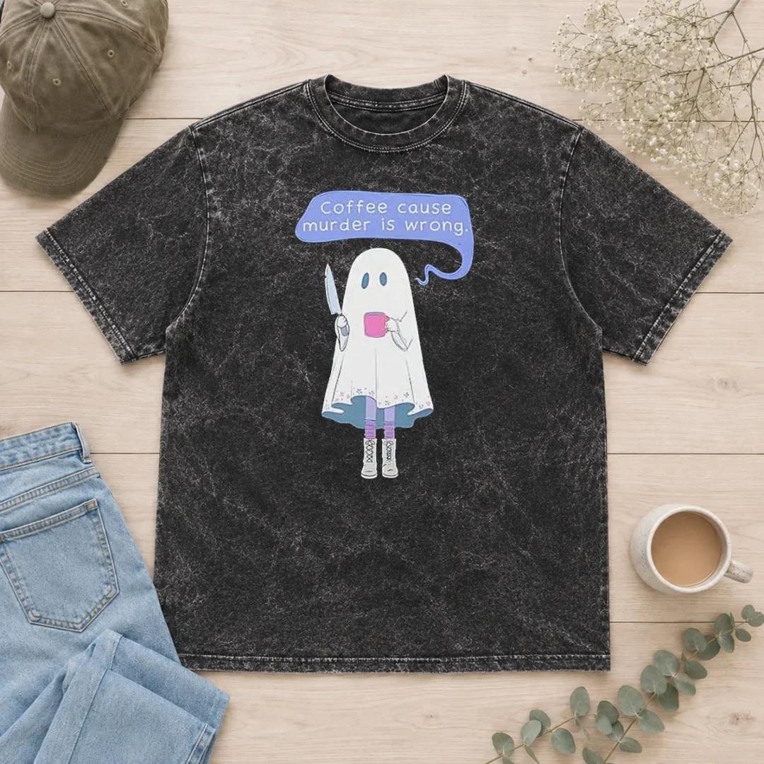 top-nice-ghost-holding-coffee-cause-murder-is-wrong-washed-t-shirt Top Nice Ghost Holding Coffee Cause Murder Is Wrong design on a soft washed t shirt in light gray