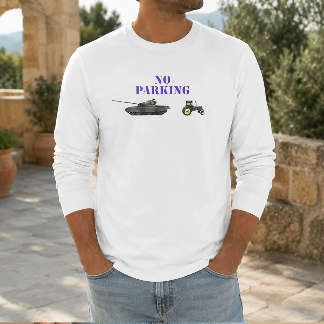top-no-parking-for-russian-tanks-meme-long-sleeve-shirt Top No Parking For Russian Tanks Meme long sleeve shirt in black with bold white text graphic