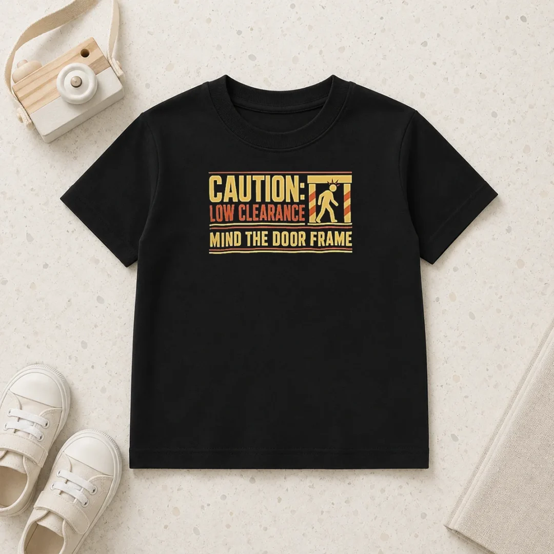top-official-caution-low-clearance-mind-the-door-frame-kids-t-shirt Top Official Caution Low Clearance Mind The Door Frame Kids T-Shirt