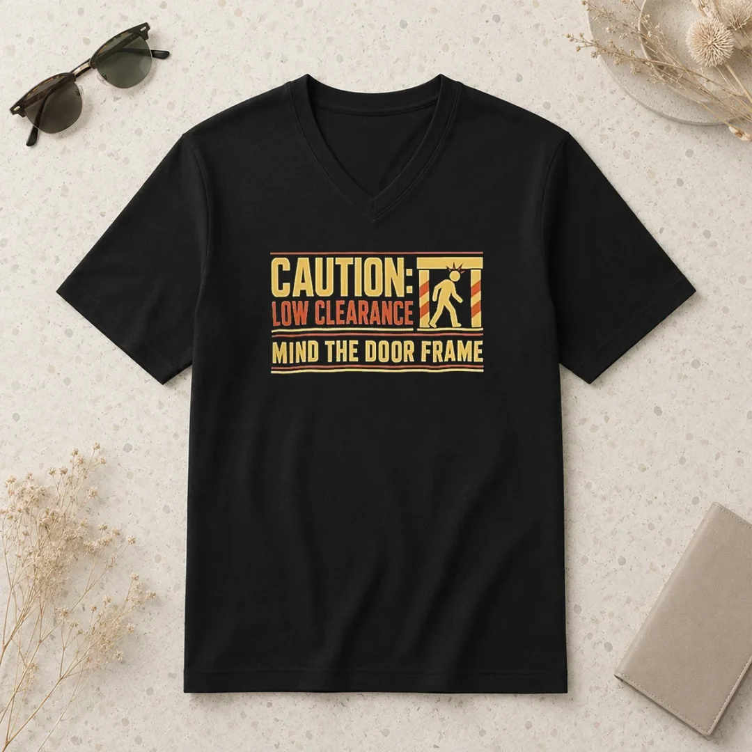 top-official-caution-low-clearance-mind-the-door-frame-v-neck-shirt Top Official Caution Low Clearance Mind The Door Frame V-Neck Shirt