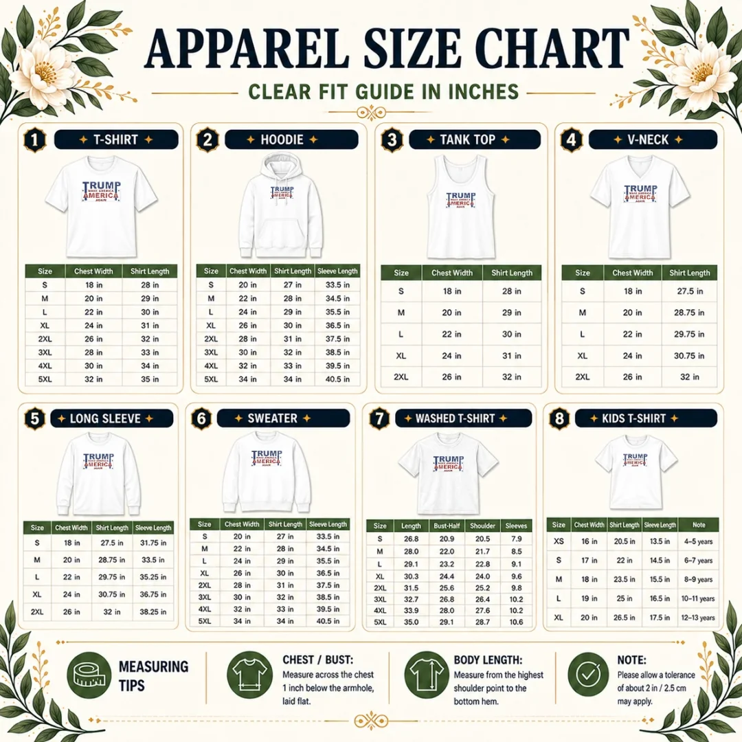 top-president-us-make-america-great-again-size-chart Size chart for Top President US Make America Great Again with measurements in inches and cm