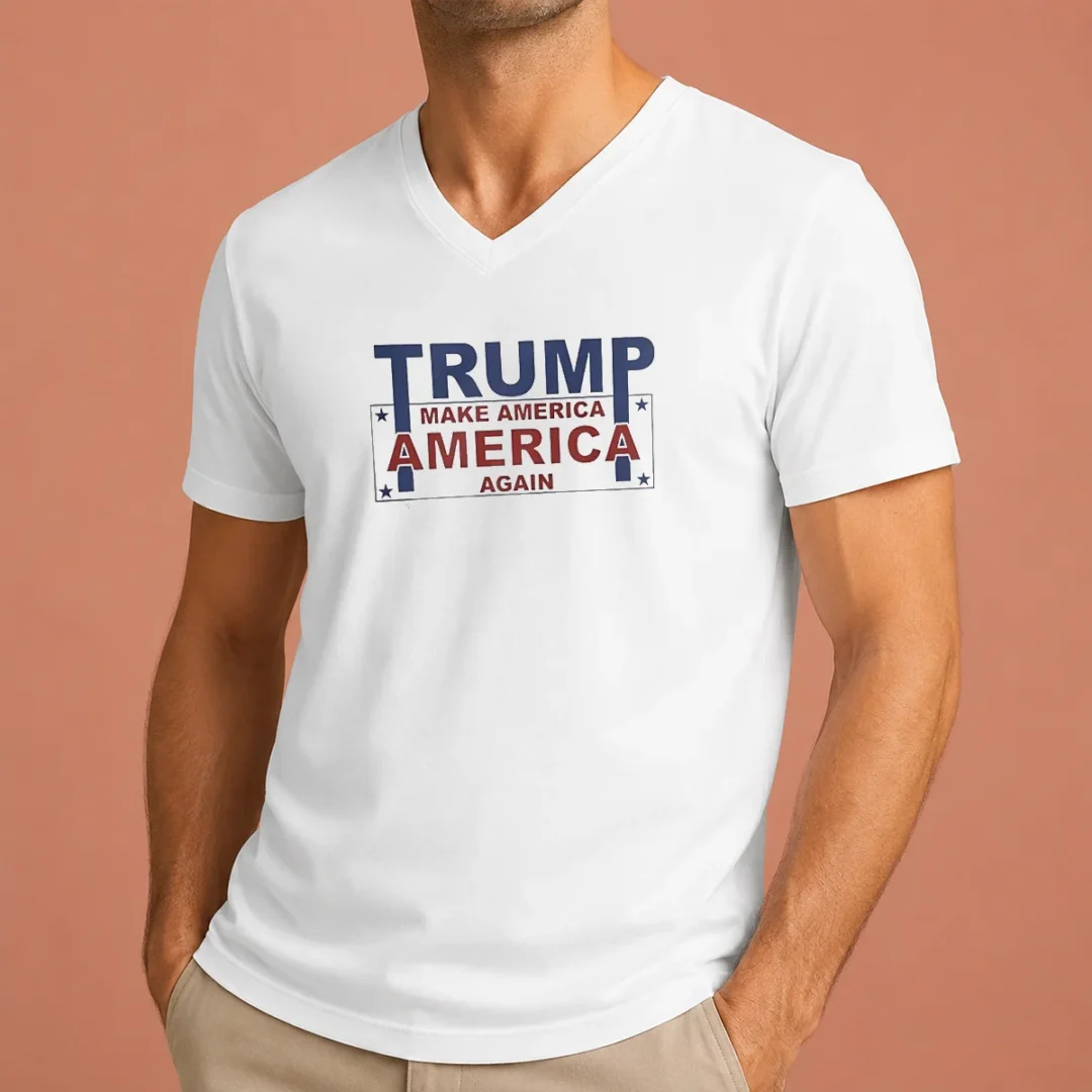 top-president-us-make-america-great-again-v-neck Top President US Make America Great Again V Neck Shirt in navy blue with bold white and red lettering
