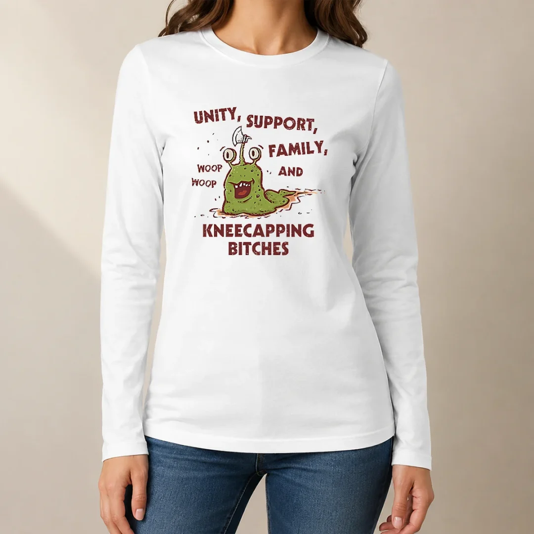 top-pretty-dungeon-crawler-carl-inspired-unity-support-and-family-and-kneecapping-bitches-long-sleeve-shirt-2 Top Pretty Dungeon Crawler Carl Inspired Unity Support And Family And Kneecapping Bitches long sleeve shirt in black with bold graphic print