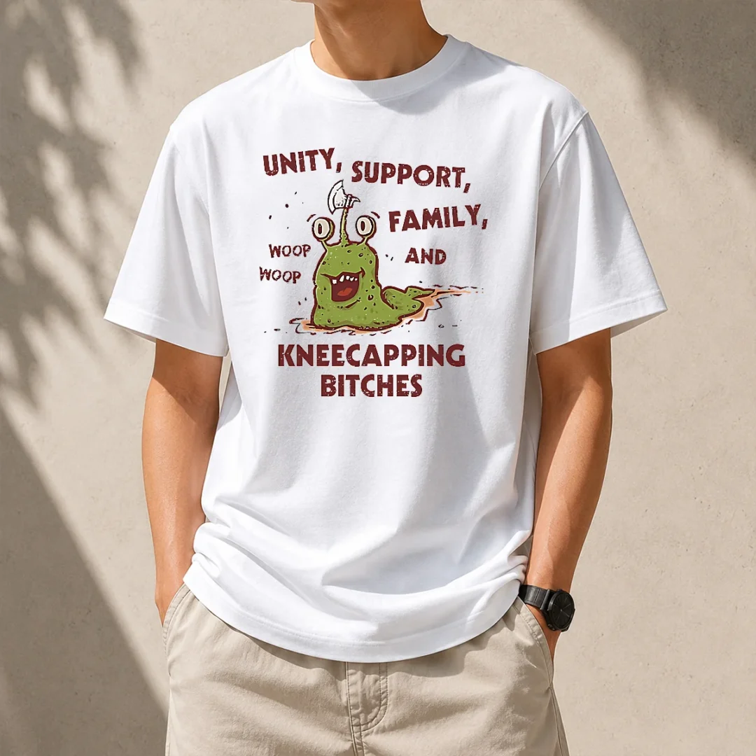 top-pretty-dungeon-crawler-carl-inspired-unity-support-and-family-and-kneecapping-bitches-t-shirt-2-1 Top Pretty Dungeon Crawler Carl inspired unity support and family and kneecapping bitches graphic t shirt in black, front view