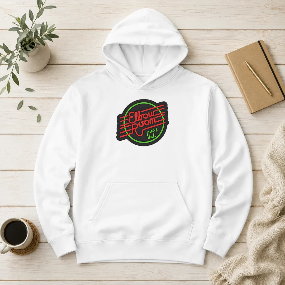 top-pretty-elbow-room-pub-and-deli-neon-sign-hoodie Top Pretty Elbow Room Pub And Deli Neon Sign Hoodie in black with front graphic and adjustable hood