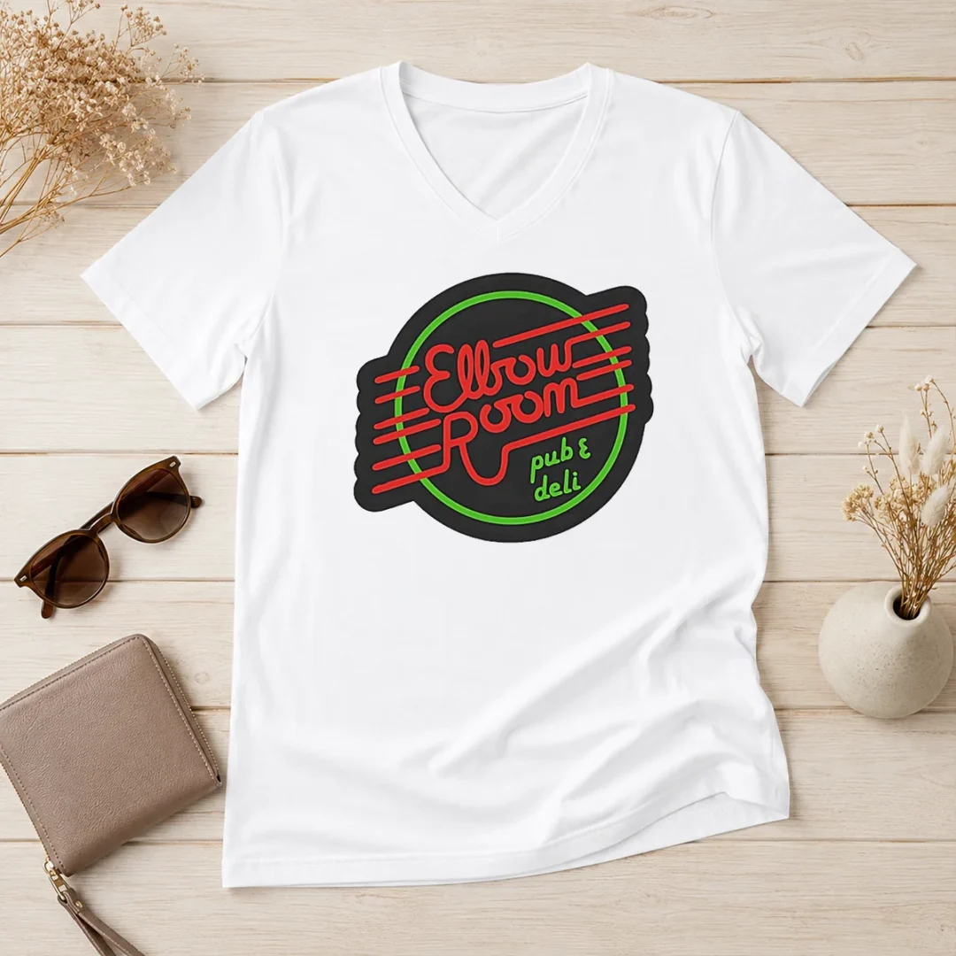 top-pretty-elbow-room-pub-and-deli-neon-sign-v-neck-shirt Top Pretty Elbow Room Pub And Deli Neon Sign V Neck Shirt in dark gray with short sleeves