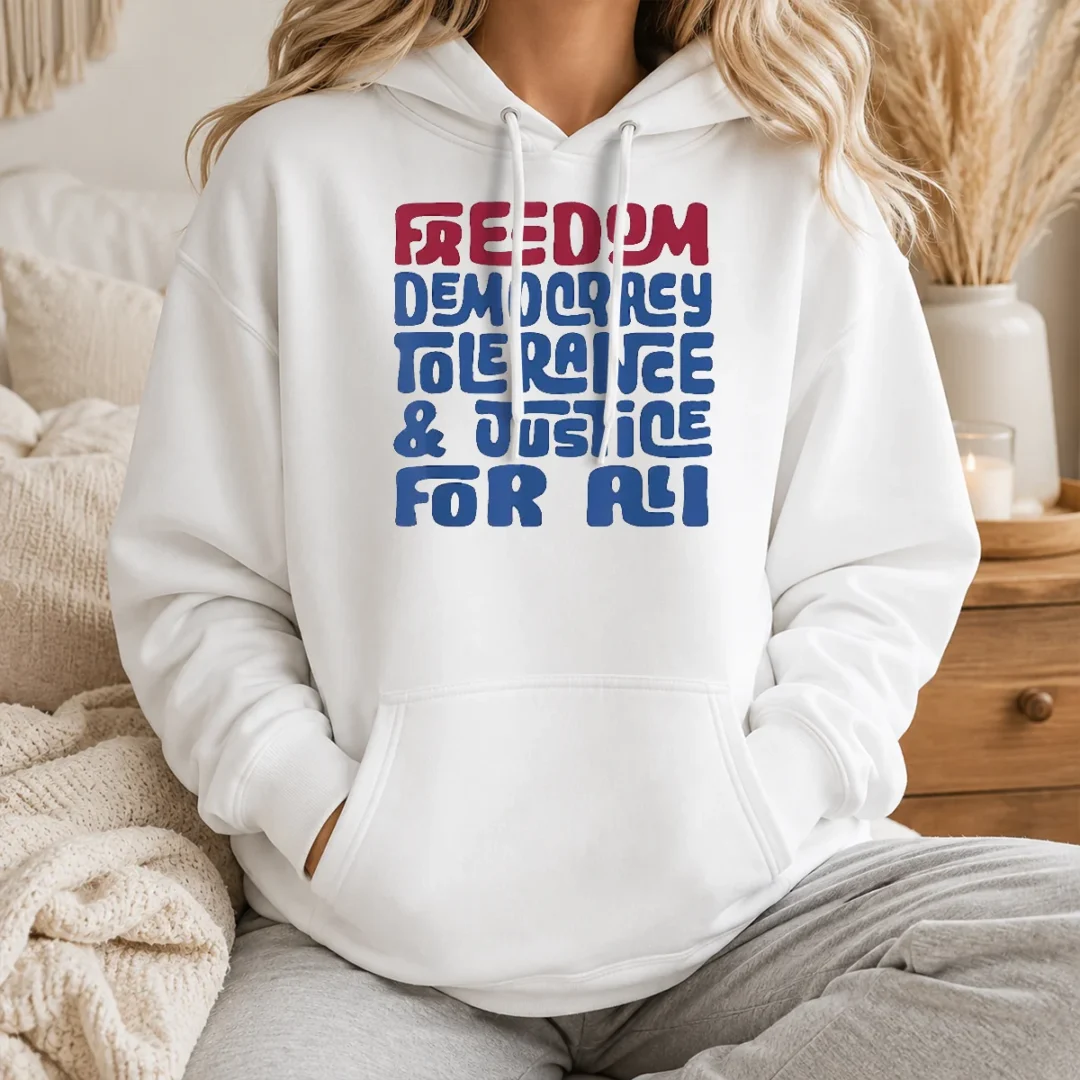 Top Pretty Freedom Democracy Tolerance Justice For All Hoodie Top Pretty Freedom Democracy Tolerance Justice For All hoodie in charcoal gray with front pocket and adjustable drawstring hood