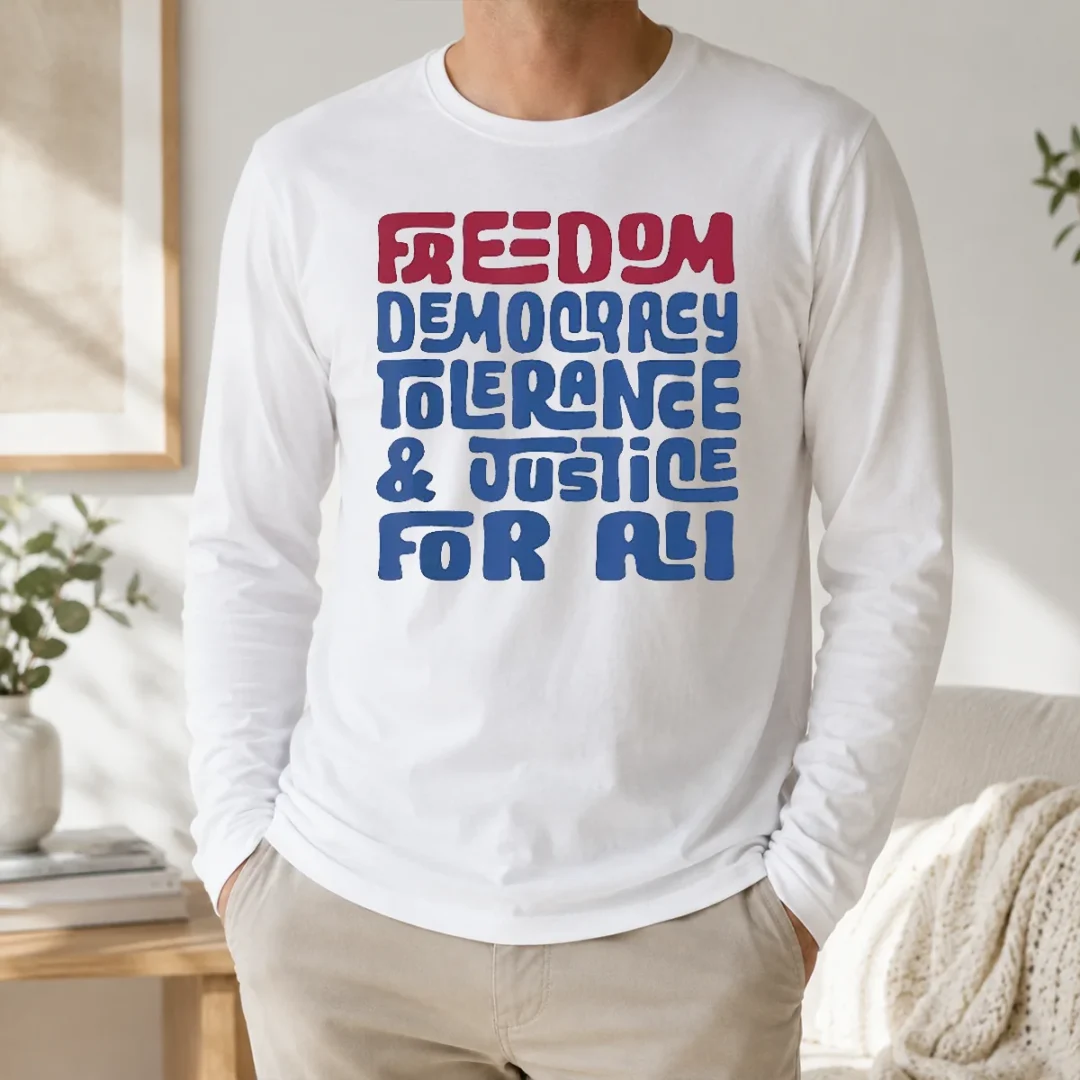 Top Pretty Freedom Democracy Tolerance Justice For All Long Sleeve Shirt Top Pretty Freedom Democracy Tolerance Justice For All long sleeve shirt in white with bold text design