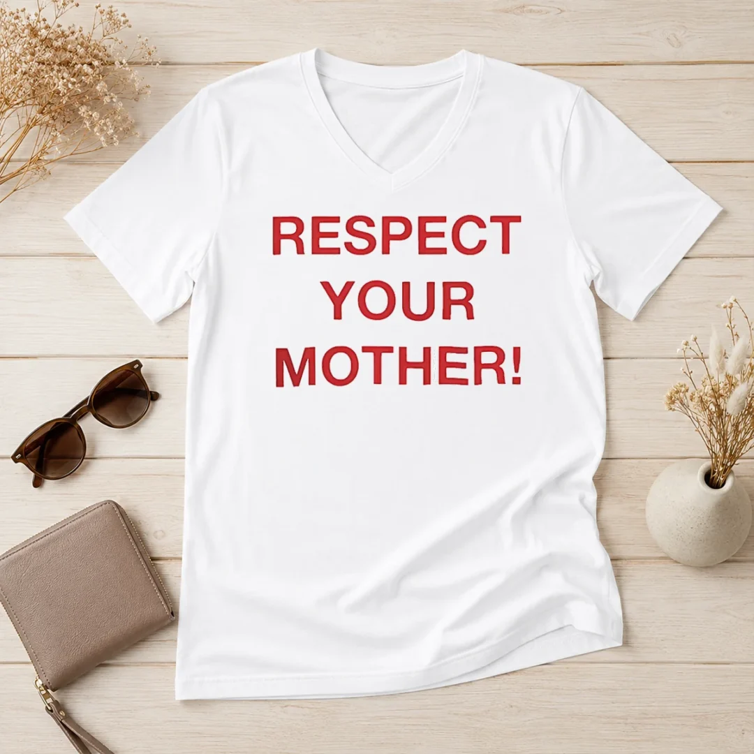 top-pretty-shania-twain-respect-your-mother-v-neck Top Pretty Shania Twain Respect Your Mother V Neck Shirt in white with short sleeves and fitted cut