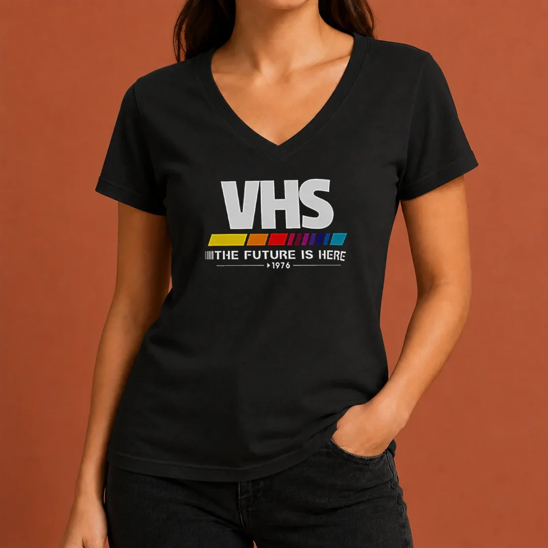 top-pretty-vhs-the-future-is-here-v-neck-shirt Top Pretty VHS The Future Is Here V-Neck Shirt