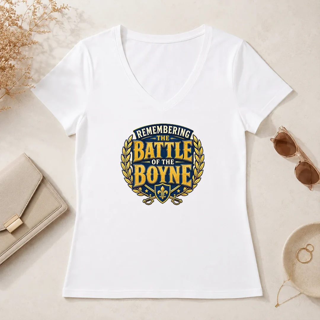 Top Pride In History Typography For Battle Of The Boyne V Neck Shirt Top Pride In History Typography For Battle Of The Boyne V Neck Shirt in navy blue with bold white text