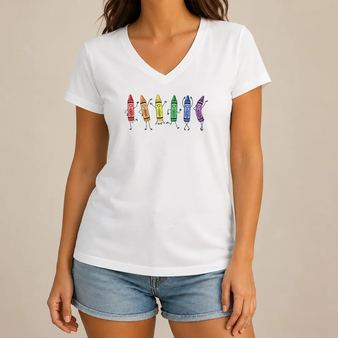 top-red-orange-yellow-green-blue-violet-crayon-characters-v-neck-shirt Top Red Orange Yellow Green Blue Violet Crayon Characters V-Neck Shirt