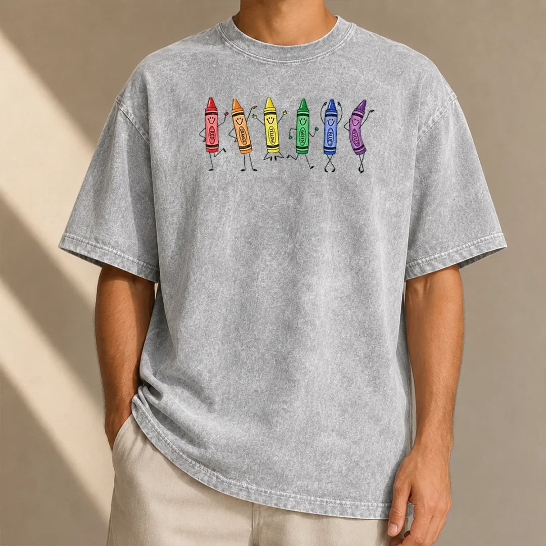 top-red-orange-yellow-green-blue-violet-crayon-characters-washed-t-shirt Top Red Orange Yellow Green Blue Violet Crayon Characters Washed T-Shirt