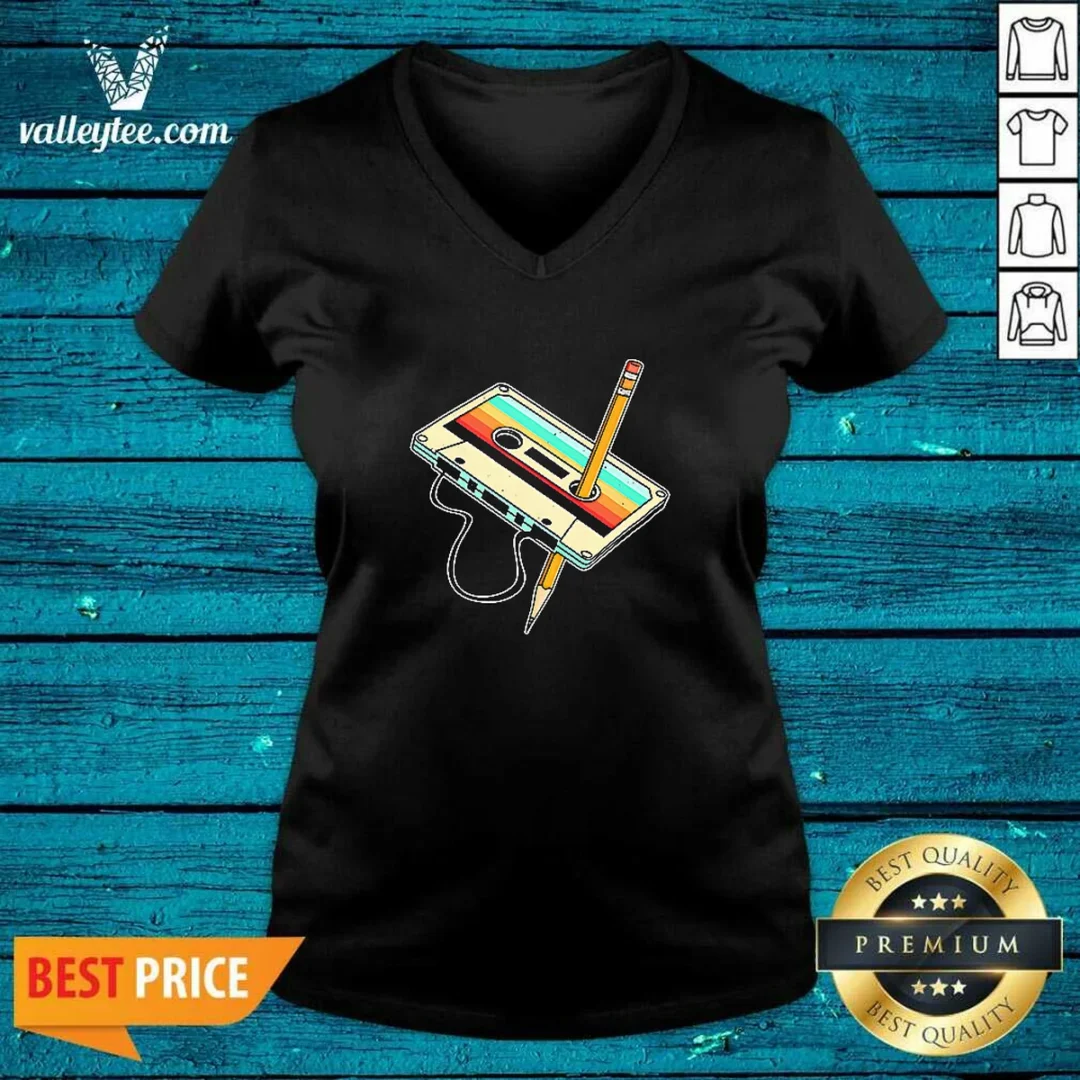 top-retro-cassette-tape-with-pencil-90s-nostalgia-v-neck-shirt Top Retro Cassette Tape With Pencil 90s Nostalgia V-Neck Shirt