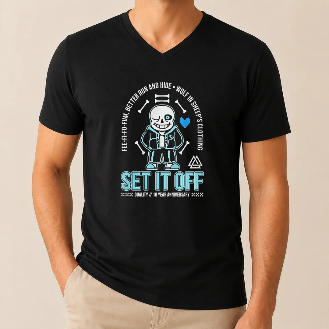 Top Set It Off Duality 10 Year Anniversary Undertale Sans Skeleton V Neck Shirt Top Set It Off Duality 10 Year Anniversary Undertale Sans Skeleton V-Neck Shirt