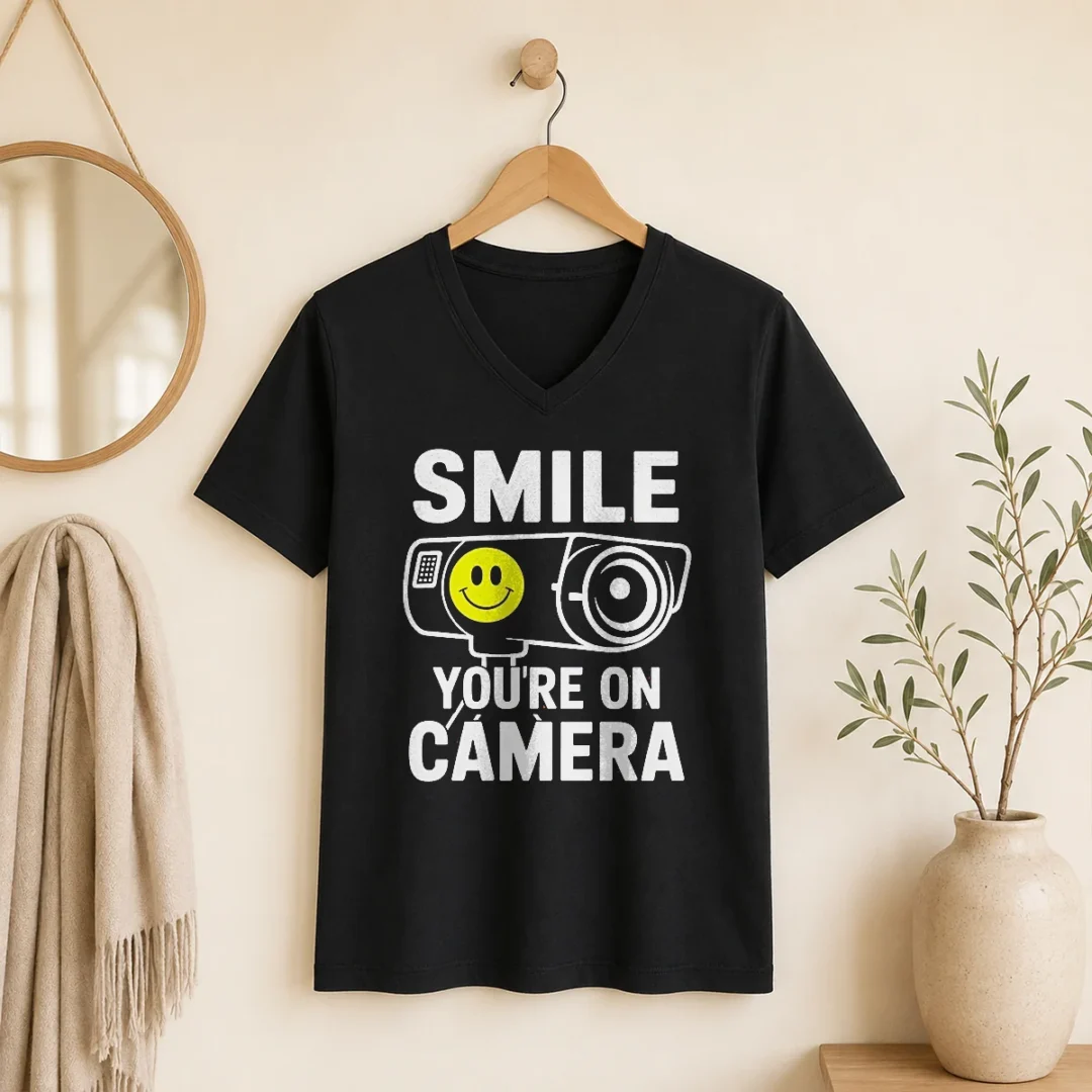 top-smile-you-re-on-camera-security-camera-with-smiley-face-v-neck-shirt Top Smile You'Re On Camera Security Camera With Smiley Face V-Neck Shirt