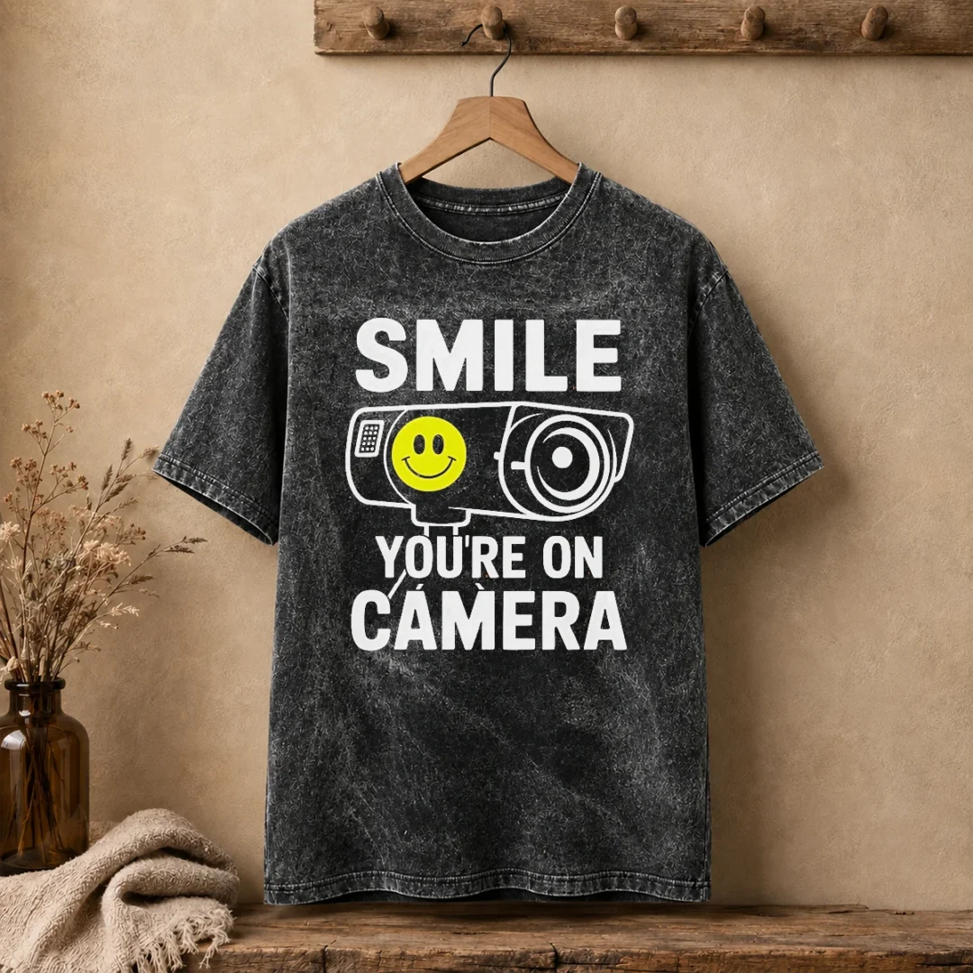 top-smile-you-re-on-camera-security-camera-with-smiley-face-washed-t-shirt Top Smile You'Re On Camera Security Camera With Smiley Face Washed T-Shirt