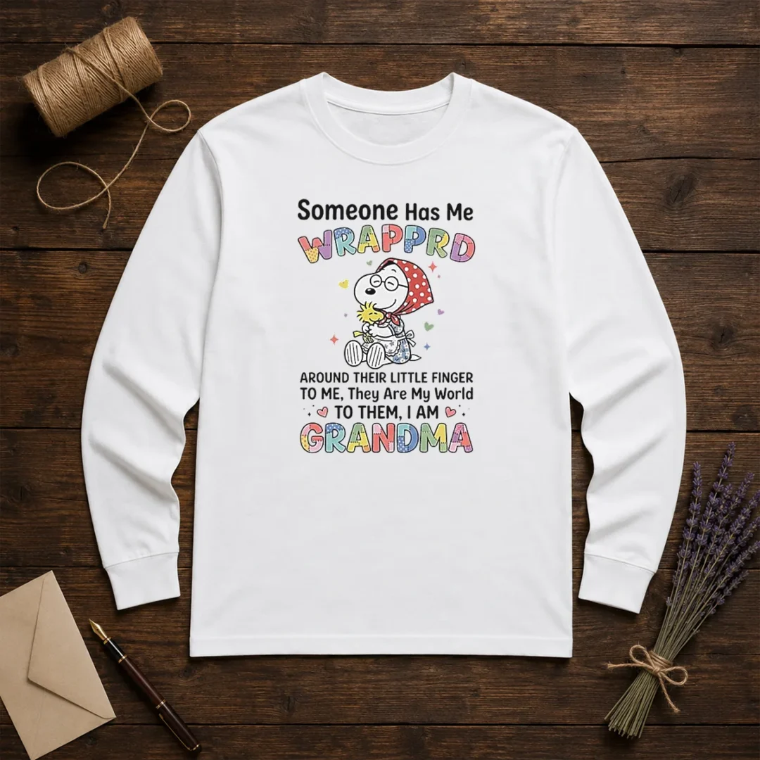 top-snoopy-woodstock-peanuts-someone-has-me-wrapprd-around-their-little-finger-i-am-grandma-long-sleeve-shirt Top Snoopy Woodstock Peanuts Someone Has Me Wrapprd Around Their Little Finger I Am Grandma Long Sleeve Shirt