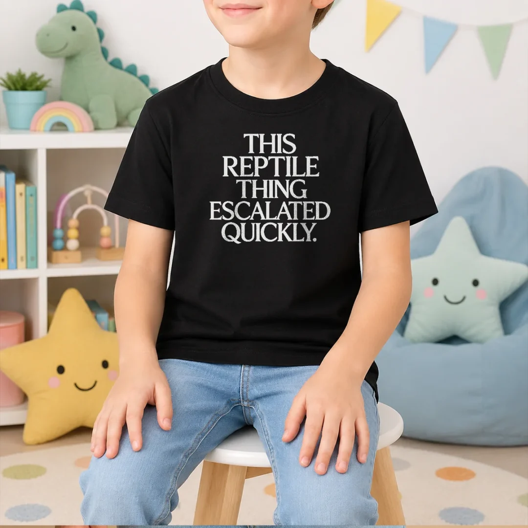 top-this-reptile-thing-escalated-quickly-kids-t-shirt Top This Reptile Thing Escalated Quickly Kids T Shirt showing colorful reptile graphic on a comfortable cotton tee