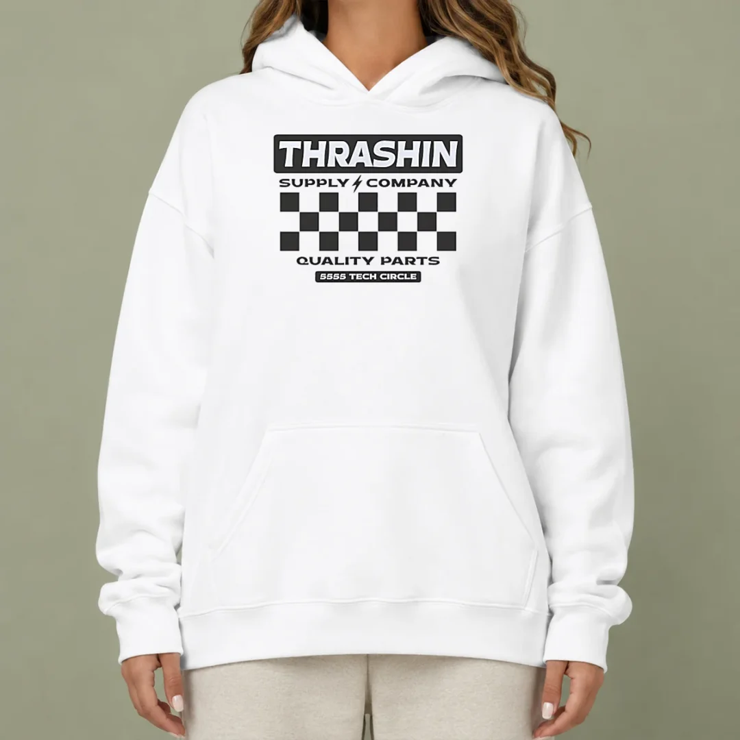 top-thrashin-supply-company-quality-parts-hoodie Top Thrashin Supply Company Quality Parts Hoodie in black with front logo print, comfortable pullover style