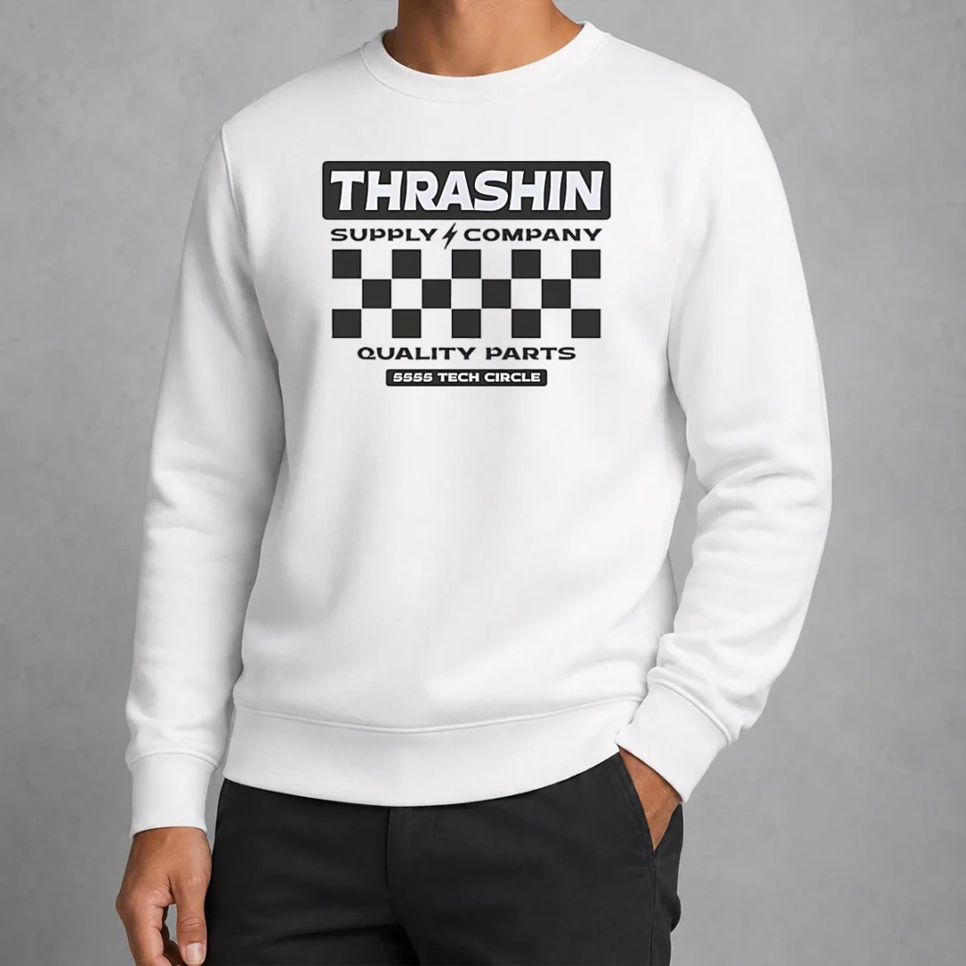 top-thrashin-supply-company-quality-parts-sweater Top Thrashin Supply Company Quality Parts Sweater in dark gray with printed logo on chest, long sleeves and ribbed cuffs