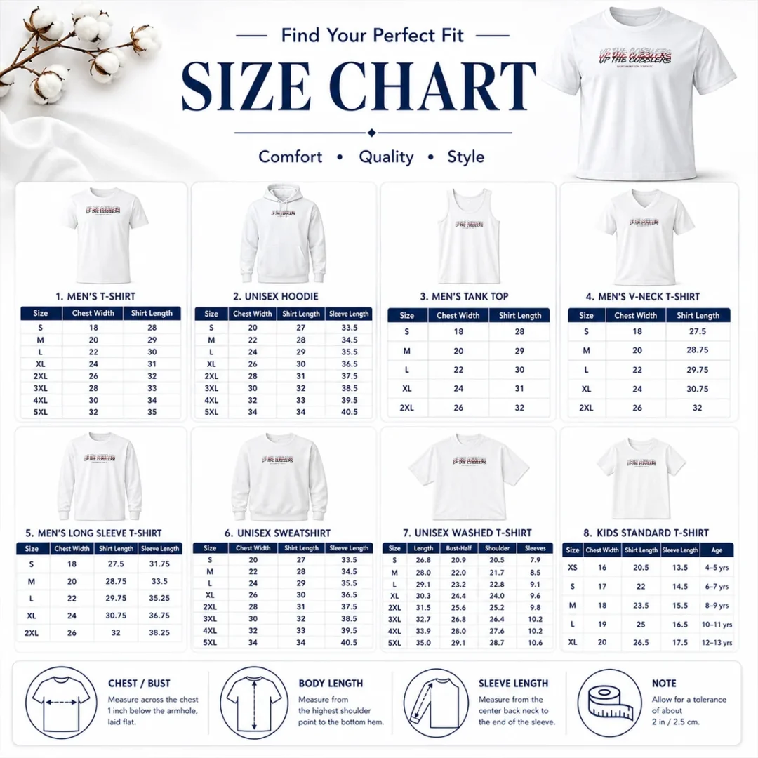 Top Up The Cobblers Northampton Town FC EFL Size Chart Size chart for Top Up The Cobblers Northampton Town FC EFL with measurements in inches and cm