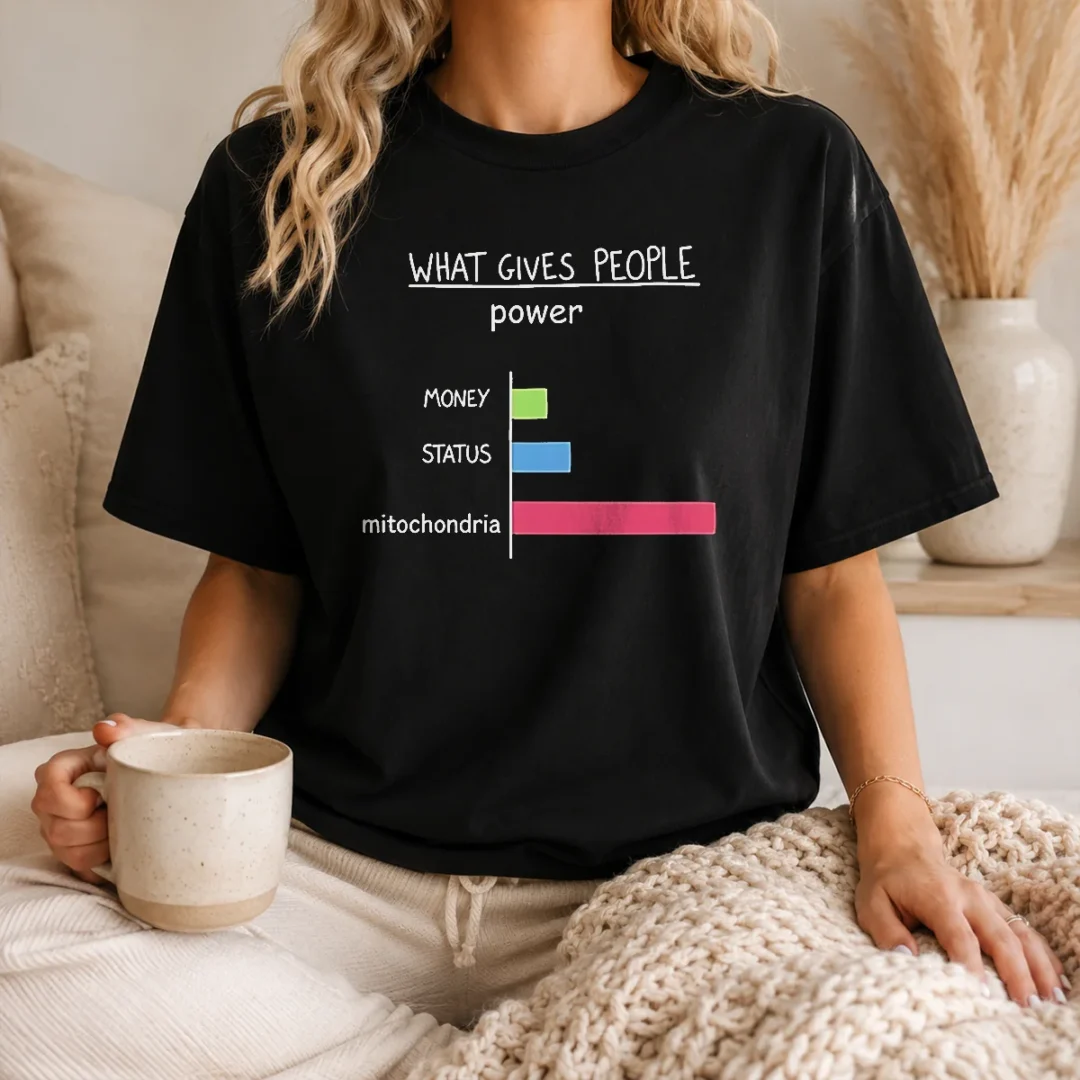 top-what-gives-people-power-money-status-mitochondria-t-shirt-1 Top What Gives People Power Money Status Mitochondria graphic t shirt in black, front view