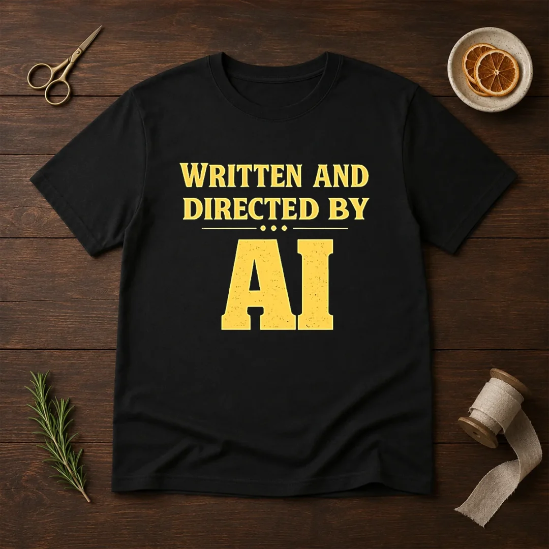 top-written-and-directed-by-ai-bold-text-t-shirt-1 Top Written And Directed By AI Bold Text t shirt in black with bold white lettering on front