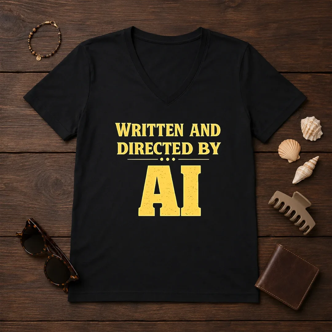 top-written-and-directed-by-ai-bold-text-v-neck-shirt Top Written And Directed By AI Bold Text V-Neck Shirt
