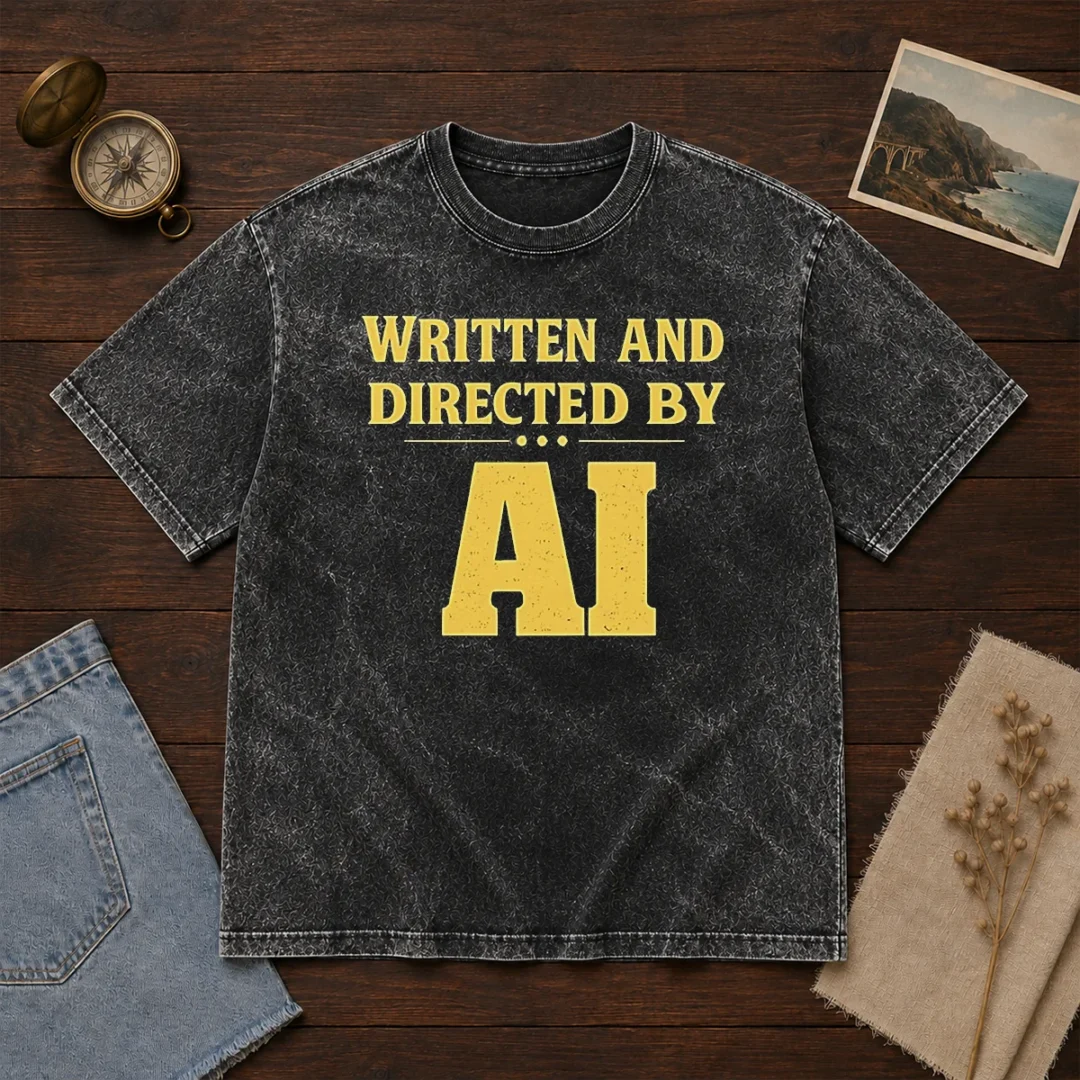 top-written-and-directed-by-ai-bold-text-washed-t-shirt Top Written And Directed By AI Bold Text design on a soft washed t shirt in light gray