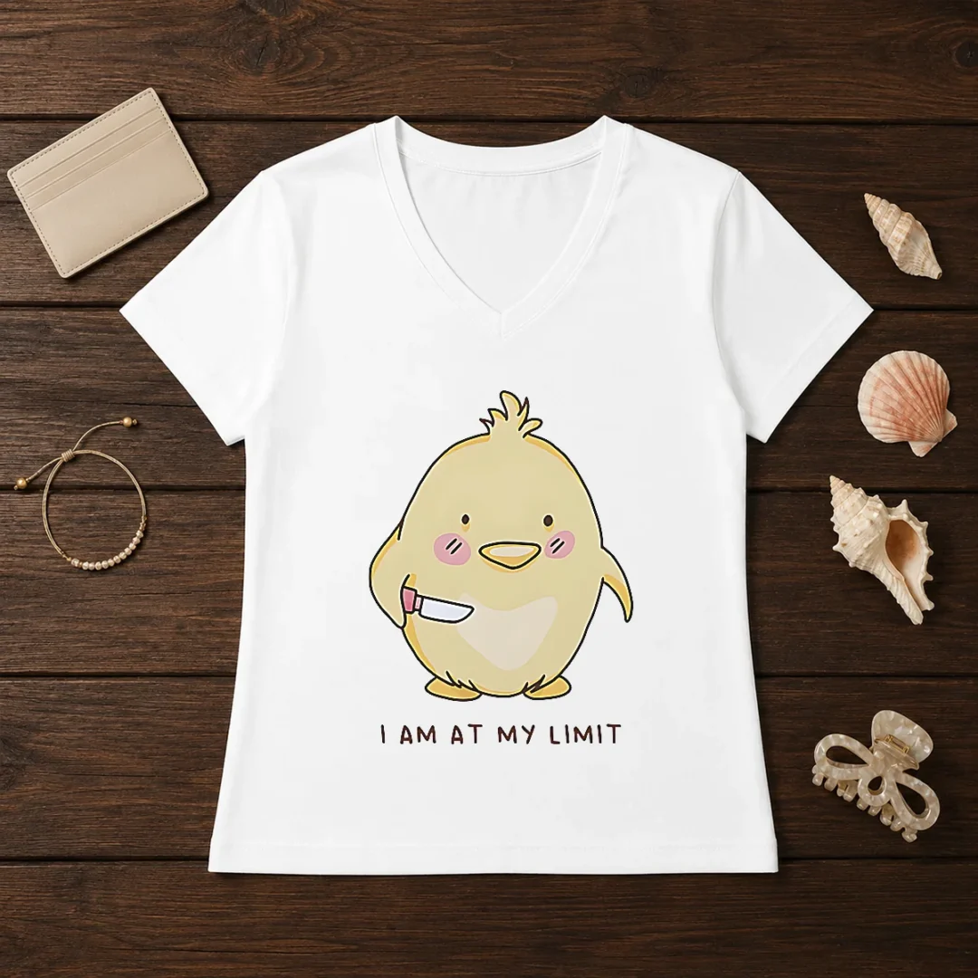 top-yellow-chick-holding-knife-i-am-at-my-limit-v-neck-shirt Top Yellow Chick Holding Knife I Am At My Limit V Neck Shirt in bright yellow on a women's fitted V neck tee