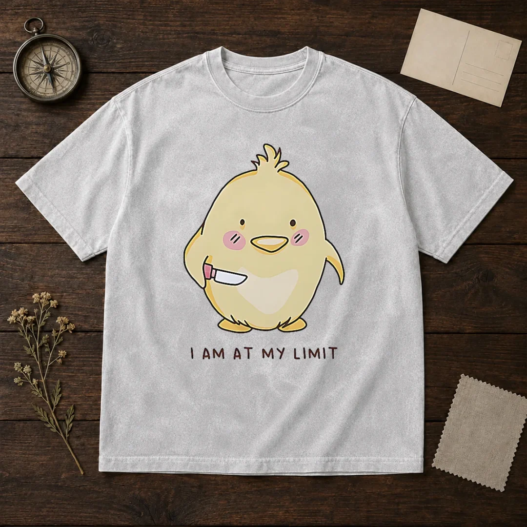 top-yellow-chick-holding-knife-i-am-at-my-limit-washed-t-shirt Top Yellow Chick Holding Knife I Am At My Limit washed t shirt featuring a distressed vintage look on soft cotton fabric