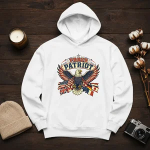 Funny Proud Patriot Vintage Shirt With Soaring Eagle Hoodie in dark color, showing front graphic design and cozy fabric