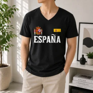 Original Espana Spain National Heritage Coat Of Arms V Neck Shirt featuring detailed emblem on a comfortable V neck garment