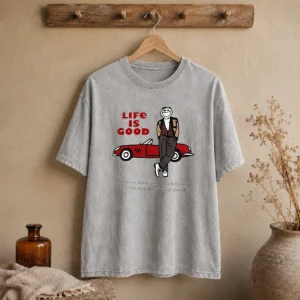 Hot Ferris Bueller Life Is Good Life Moves Pretty Fast If You Do Not Stop graphic on a soft washed t shirt in neutral color