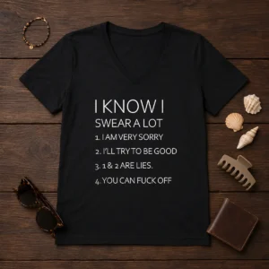Official I Know I Swear A Lot I Am Very Sorry I'Ll Try To Be Good 1 And 2 Are Lies You Can Fuck Off V Neck Shirt in black, short sleeve women's V neck tee