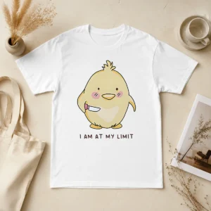 Hot Premium Yellow Chick Holding Knife I Am At My Limit t shirt in bright yellow featuring bold graphic on front